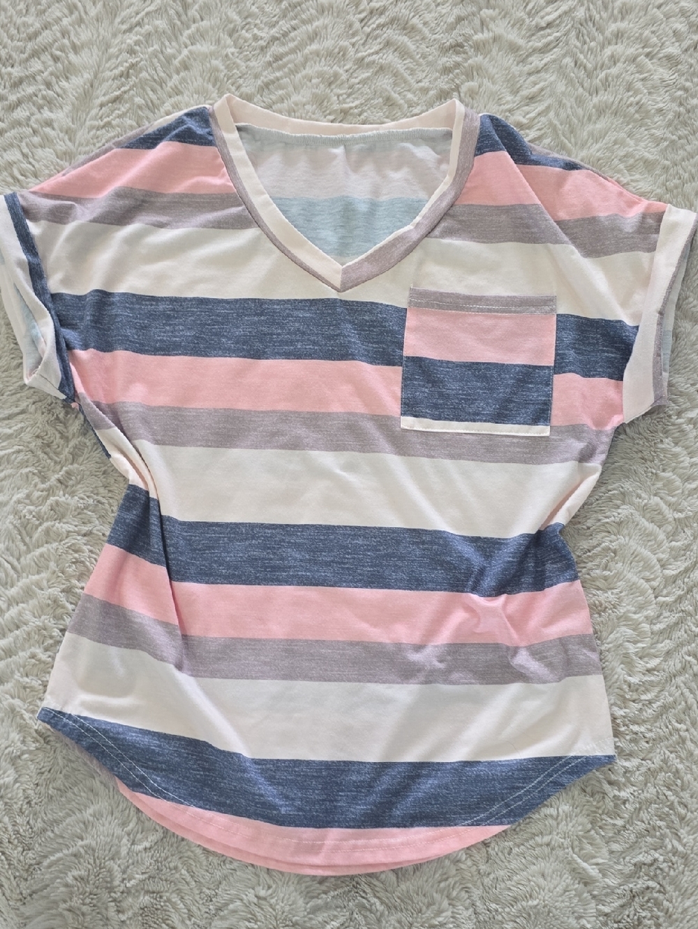 Striped V-Neck Pocket Tee in Pink, Blue & Gray